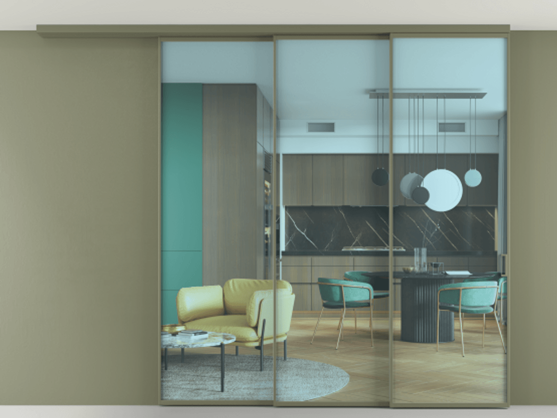 Перегородка Формато вдоль стены на потолок 3 створки с синхронным механизмом АЛПР 040.01 Алюминий оливковый тёмный Прозрачное голубое стекло, триплекс Цена 428110 ₽ | Volhovec