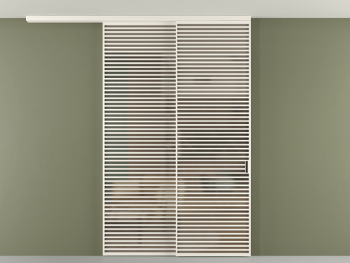 Перегородка Формато вдоль стены на потолок 2 створки с синхронным механизмом АЛПР 040.07 Алюминий пудровый белый Сатинированное бронзовое стекло, триплекс Цена 450456 ₽ | Volhovec