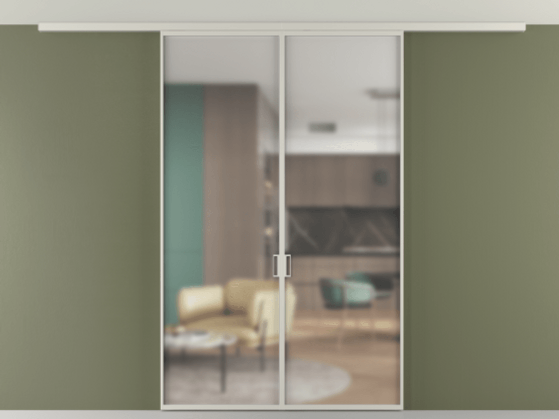 Перегородка Формато вдоль стены на потолок 2 створки АЛПР 040.01 Алюминий тёплый серый Сатинированное стекло "Мателюкс Кристал Вижн", калёное, матовое, каленое 6 мм Цена 198172 ₽ | Volhovec