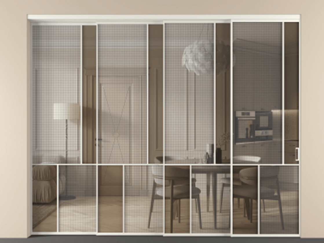 Перегородка Mosaic внутри проёма телескопик синхро-4 АЛПР 041.21 Алюминий Белый Mesh silver + Бронза прозрачное триплекс Цена 542520 ₽ | Volhovec