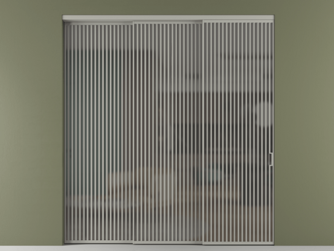 Перегородка Формато внутри проёма 3 створки с синхронным механизмом АЛПР 040.06 Алюминий нейтральный серый Сатинированное серое стекло, триплекс Цена 579740 ₽  | Volhovec