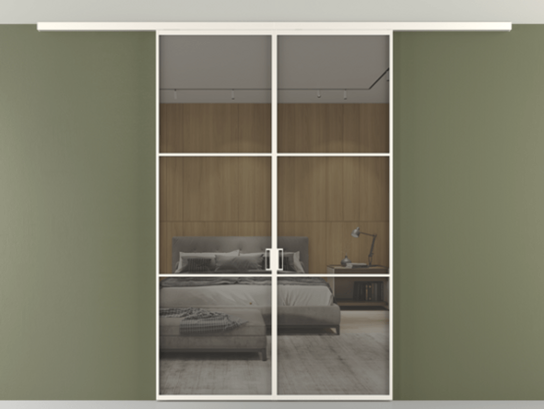 Перегородка Формато вдоль стены на потолок 2 створки АЛПР 040.03 Алюминий пудровый белый Рефлективное серое стекло "Стопсол", калёное Цена 207676 ₽ | Volhovec