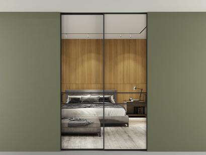 Алюминевая перегородка p2_02 Зеркало триплекс ЧЕР. Цвет Алюминий Черный. Материал Алюминий. Коллекция Перегородка Formato внутри проёма двустворчатая со скрытым креплением в потолок. Картинка.