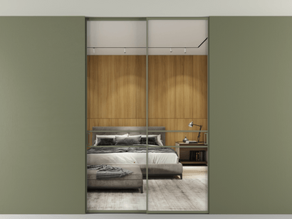 Алюминевая перегородка АЛПР 040.02_АОТ_Зеркало триплекс_new. Цвет Алюминий оливковый тёмный. Материал Алюминий в эмали. Коллекция Перегородка Formato внутри проёма двустворчатая со скрытым креплением в потолок. Картинка.