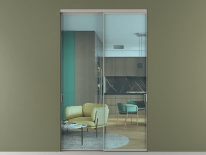 Алюминевая перегородка АЛПР 040.01_АНСР_ПРОЗ ГОЛ_new. Цвет Алюминий нейтральный серый. Материал Алюминий в эмали. Коллекция Перегородка Formato внутри проёма двустворчатая. Картинка.