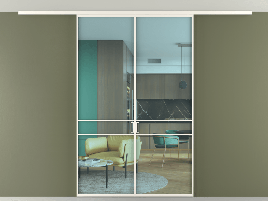 Алюминевая перегородка vd2_02 Алюминий пудровый белый Прозрачное голубое стекло, триплекс, 6мм. Цвет Алюминий пудровый белый. Материал Алюминий в эмали. Коллекция Перегородка Formato вдоль стены на потолок 2 створки. Картинка.