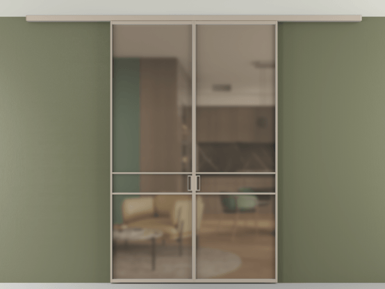 Алюминевая перегородка АЛПР 040.02_АБСК_Бронза сатин триплекс_new. Цвет Алюминий бисквитный. Материал Алюминий в эмали. Коллекция Перегородка Формато вдоль стены на потолок 2 створки. Картинка.