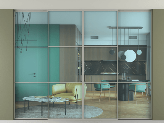 Алюминевая перегородка АЛПР 040.03_АНСР_ПРОЗ ГОЛ_new. Цвет Алюминий нейтральный серый. Материал Алюминий в эмали. Коллекция Перегородка Формато внутри проёма скрытое крепление в потолок 4 створки. Картинка.