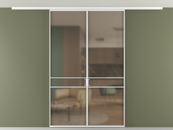 Алюминевая перегородка АЛПР 040.02_АБЛ_Бронза сатин триплекс_new. Цвет Алюминий белоснежный. Материал Алюминий в эмали. Коллекция Перегородка Формато вдоль стены на потолок 2 створки. Картинка.