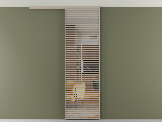 Алюминевая перегородка АЛПР 040.07_АБСК_Crystalvision_new. Цвет Алюминий бисквитный. Материал Алюминий в эмали. Коллекция Перегородка Формато вдоль стены на потолок 1 створка. Картинка.