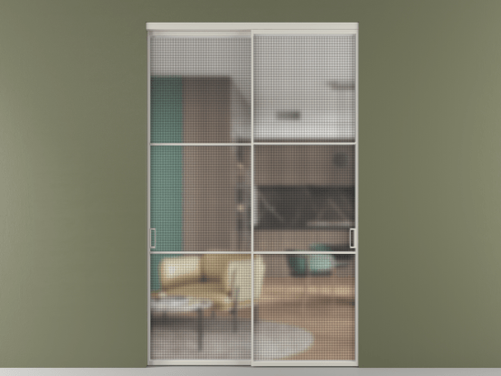 Алюминевая перегородка vn2_03_ Алюминий тёплый серый Mesh silver. Цвет Алюминий тёплый серый. Материал Алюминий в эмали. Коллекция Перегородка Formato внутри проёма 2 створки. Картинка.