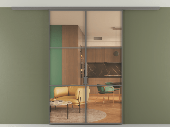 Алюминевая перегородка АЛПР 040.03_АКЛС_ПРОЗ ОРАНЖ_new. Цвет Алюминий классический серый. Материал Алюминий в эмали. Коллекция Перегородка Формато вдоль стены на потолок 2 створки. Картинка.