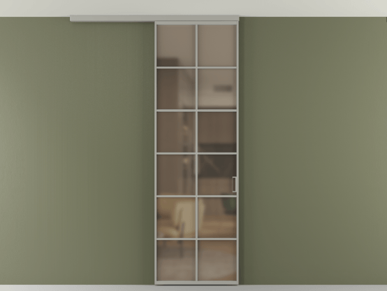 Алюминевая перегородка АЛПР 040.05_АНСР_Бронза сатин триплекс_new. Цвет Алюминий нейтральный серый. Материал Алюминий в эмали. Коллекция Перегородка Формато вдоль стены на потолок 1 створка. Картинка.